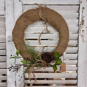 Rustic Burlap Spring Wreath with Bird nest and Leaves